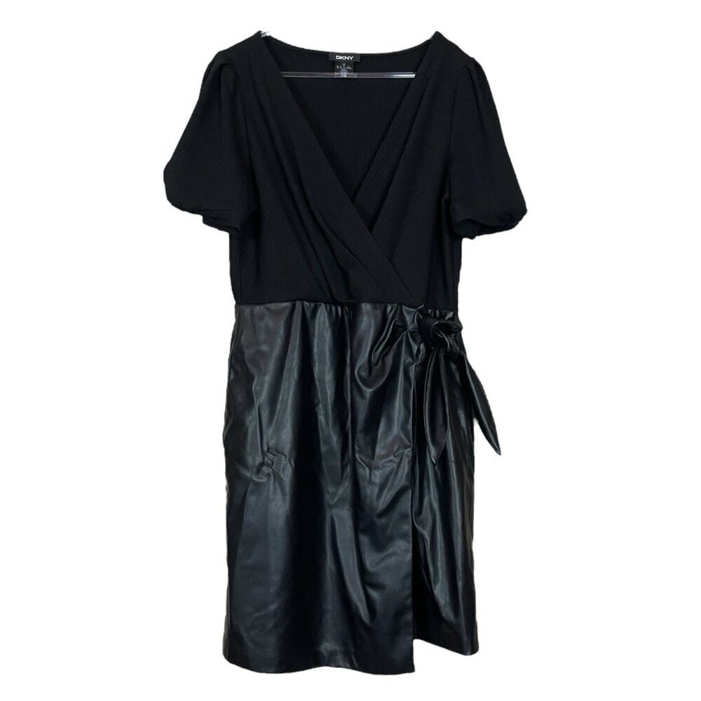 DKNY Faux Leather Faux Wrap Tie Ribbed Stretch Cocktail Dress Black Size 10